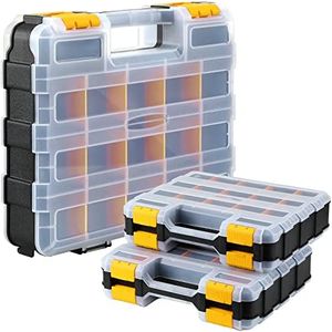 3 Pack Double Sided Tool Box Hardware Storage Organizer Small Parts Case Portable Plastic Tackle Container with 34 Removable Dividers for Organizing Screws Nuts Nails Bolts (Yellow)