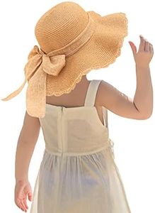 Kunyeah Kids Girl Summer Straw Hat Foldable Wide Brim Cap Sun Visor Hats Sun Protection Beach Hats Bowknot Floppy Cap, Khaki, One Size