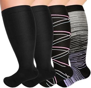 NEWIROVE 4 Pairs Plus Size Compression Socks Wide Calf Compression Socks 4Xl Support Socks Women Travel Flight Socks Large Calves For Women Men Travel Fitness and Work, Style-Striped