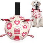 QDAN Pink Dog Toys Soccer Ball with Straps,Interactive Dog Toys for Tug of War,Valentines Gift Puppy Birthday Gifts,Dog Tug Toy,Dog Water Toy,Durable Dog Balls for Medium & Large Dogs（8 Inch）