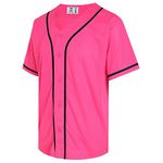 Pullonsy Blank Baseball Jersey for Men Women Full Button Up Short Sleeves Shirts Hip Hop Hipster Sports Uniforms, Black Stripe-hot Pink Jersey, X-Large