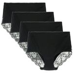 LIQQY Women's 3 or 4 Pack High Waist Comfort Cotton Lace Coverage Full Rise Briefs Underwear (XX-Large, Black/4Pk)