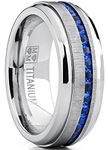 Men's Titanium Wedding Band Engagement Ring W/Blue Simulated Sapphire Cubic Zirconia Princess CZ 10