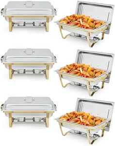 Garvee Chafing Dish Buffet Set 6 Pack, 8QT Buffet Servers and Warmers Set with Lid & Foldable Frame, Rectangular Stainless Steel Chafer Food Warmer for Parties Wedding Catering Supplies, Gold