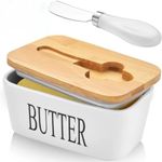 Porcelain Butter Dish with Lid Ceramic and Butter Dish with Knife- 16.5x10x7.8cm (600ml Capacity) for All Your Cooking Needs - Removable Silicone Seal - White with Bamboo Lid