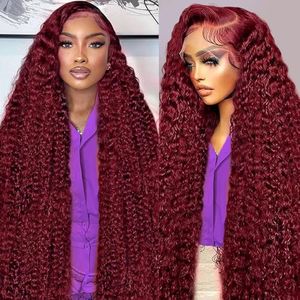 Armodeo 34 Inch 99J Burgundy Deep Wave Lace Front Wigs Human Hair 250 Density Curly Wig Wet and Wavy Lace Front Wigs Pre Plucked Frontal Wigs
