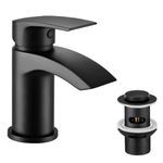 Basin Mixer Taps Waterfall Black with Slotted Pop-up Waste Bathroom Sink Tap Mixers Mono 1 Hole Single Lever Modern with G1/2'' Hoses Round Cloakroom Taps Hot and Cold Water Mixer