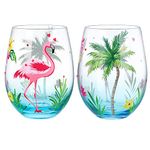 NymphFable Set of 2 Flamingo Stemless Gin Cocktail Glass Tumbler Hand Painted Palm Tree Wine Glass Gift for Women, 18oz