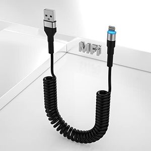 Coiled iPhone Lightning Cable for Apple CarPlay, Short Apple Charger Cable with MFi, Short Retractable iPhone Charger Cable Fast Data Sync with LED