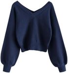 ZAFUL Women's Cropped Sweater V-Neck Long Sleeve Crop Sweater Pullover Jumper Knit Top, 1-navy Blue, Medium