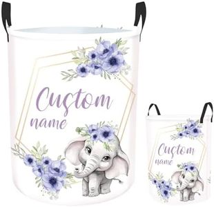 Rucekia Custom Elephant Laundry Basket for Kids, Personalized Name Baby Dirty Clothes Basket with Name and Handles, Customize Laundry Hamper, Personalized Laundry Basket for Nursery Girl