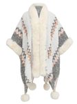 Women's Colorful Stripe Vintage Ethnic Style Poncho Women's Fur Collar Shawl Coat Knit Shawl Wrap Open Front Cardigans for Women(White)