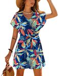 Ekouaer Womens Swimsuit Coverup Short Sleeve Beach Cover Up Dress V Neck Bikini Beachwear, Colorful Leaf, Large