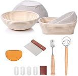 Bread Proofing Basket Set Of 2 Round and Oval, Banneton Proofing Basket + Danish Dough Whisk + Bread Scoring Lame + Stainless Steel Dough Scraper + Flexible Dough Scraper, Sourdough Baking Gift YAANI