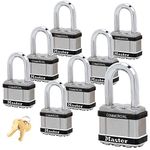 Master Lock Magnum Padlocks - 2" W x 1-1/2"L Shackle, Eight (8) Keyed Alike Locks #M5NKALFSTS-8 w/BumpStop Technology