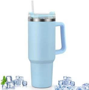 Csuntikulo Mug Isotherme Café 40oz 1200ml, Tasse isolée à vide en acier inoxydable à double paroi avec poignée et paille, Tasse de voyage isotherme pour garder les boissons froides et chaudes