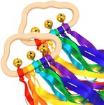 Baby Sensory Wooden Rattle Toys - 2PCS Rainbow Ribbon Rattles Ring Toy for Babies 0-6 Months, Wood Baby Montessori Toys with Bells for 0-12 Months Newborns Infants Toddlers Boy Girl as Shower Gifts