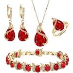 Ever Faith Women's Jewellery Sets Red Jewellery Sparkly Cubic Zirconia Birthstone Teardrop Necklace Earring Bracelet Ring Jewelry Sets for Women Birthday Gifts 4 PCS Gold-Tone