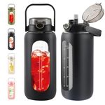 2 Liter Glass Water Bottle with Straw and Handle - 64oz Motivational Water Jug with Time Marker and Silicone Sleeve, Leak proof Wide Mouth Water Flask for Gym, Sports, and Daily Use (Black）