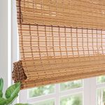 Comzone Blinds Cordless Blackout Bamboo Roman Shades, Natural Woven Wood Blinds with 6 Inches High Valance, Custom Great Privacy Lined Roll Up Bamboo Blinds for Indoor Windows, Doors, Camel