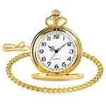 LingsFire Classic Smooth Vintage Pocket Watch Sliver Steel Men Quartz Watch Womens Watch with Chain Xmas Fathers Day Gift (Gold)