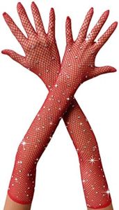 RSLOVE Women Lingerie Fishnet Gloves with Sparkle Rhinestone Mesh Long Gloves Red