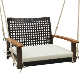 Tangkula 1-Person Rattan Porch Swing with Cushion, Outdoor Single Swing Chair Bench with Acacia Wood Armrests and Hanging Hemp Ropes, Bench Swing for Porch, Yard, Balcony, Tree (Off White)