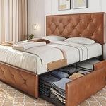 Yaheetech Queen Bed Upholstered Bed Frame, Faux Leather Platform Bed with Adjustable Headboard and 4 Storage Drawers, Storage Bed with Wooden Slats Support/No Box Spring Needed, Amber Brown-Queen