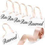 Blulu 6 Pieces Wooden Reserved Signs Hanging White Wood Signs Wedding Chair Seating Handmade Signage Rustic Style Wood Signs, 1 roll Light Coffee Color Ribbon for Wedding and Restaurant Use