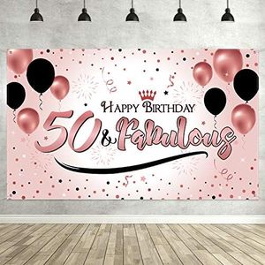 50th Birthday Party Decoration, Extra Large Fabric Sign Poster for 50th Anniversary Photo Booth Backdrop Background Banner, 50th Birthday Party Supplies (Rose Gold)