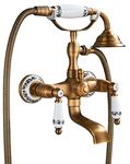 Rozin Bath Tap with Hand Shower Brass Wall Mount Shower Head Two Ceramic Handles Nostalgic Vintage Design Bath Tap