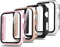 Simpeak (4 Pack) PC Case Compatible with Apple Watch Series 6 5 4 SE 44mm, Built-in Thin HD Tempered Glass Screen Protector Hard Case Overall Cover Replacement for 44mm iwatch Series 4/ 5/ 6/ SE, Transparent, Black, Rose Gold, Rose Powder (44mm)