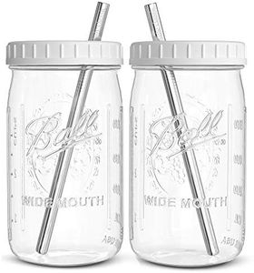 Reusable Wide Mouth Smoothie Cups Boba Tea Cups Bubble Tea Cups with Lids and Silver Straws Mason Jars Glass Cups (2-pack, 32 oz mason jars)