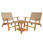 Panana 3 Pieces Garden Furniture Set Solid Acacia Wood Side Table and PE Rattan Wicker Wooden Chairs Bistro Set for Outdoor, Patio, Porch, Poolside, Balcony