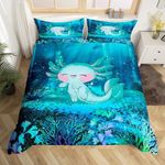 Cartoon 3D Print Axolotl Duvet Cover Queen for Kids Boys,Cute Ocean Animal Bedding Set with Zipper Closure Quilt Cover,Undersea World Plant Bedspread Cover 3 Pcs,Ultra Soft