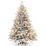 5ft Pre-Lit Snow Flocked Christmas Tree with LED Lights 550 Branch PE+PVC Mixed Tips Xmas Trees Bushy Artificial Lapland Fir Christmas Tree Fake Pine Tree with Metal Stand Easy to Assemble 150cm