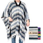 Artisans Bazaar Traditional Mexican Baja Poncho Men and Women Authentic Gaban Serape Sarape Blanket Pancho Jorongo Cowboy, Beige, One Size