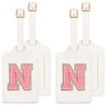 2 Pack Initial Letter Luggage Tag N for Suitcases TSA Approved, PU Leather Personalized Luggage Tags with Privacy Cover Name Card, White Cute Embroidered Luggage Baggage Tags for Women Kids(Letter N)