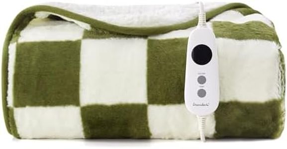 Dreamaker Checkered Plush Fleece Electric Heated Throw Blanket 160x130cm Warm Sherpa Fleece Reversible Rug Energy Efficient Overheat Protection 9 Heat Setting Extra Long Cord Controller- Olive & Cream
