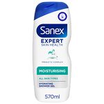 Sanex Expert Skin Health Moisturising Shower gel 570ml, body wash for men & women, gently cleanses, hydrates & softens skin,12h hydration, advanced prebiotic complex formula, vegan