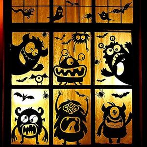 GP Life 64 PCS Halloween Window Clings Halloween Window Decoration Black Bats Spiders Webs and Ghost Halloween Window Decals for Windows Glass Walls Decorations