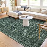 Lansny 8x10 Area Rugs for Living Room, Vintage Floral Washable Large Area Rug, Boho Non-Slip Foldable Rugs Accent Distressed Print Faux Wool Indoor Rugs for Bedroom Office Dining Room, Dark Green