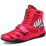 DWZRG High Top Combat Speed Mens Womens Wrestling Shoes Non-Slip Breathable Boxing Wrestling Training Sneaker, Red, 10.5 Women/8.5 Men