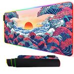 Envysun RGB Gaming Mouse Pad, Large Extended Soft Led Mice Pad with 10 Lighting Modes, Waterproof 31.5 x 11.8 0.12" Thick Rubber Table Mat,Japanese Wave Mousepad 80x30 rgbBigWaves