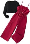 OYOANGLE Girl's 2 Piece Outfits Button Front Wide Leg Pants Cami Jumpsuit and Long Sleeve Crop Top Set Black and Red 9Y