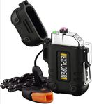 Outdoor Waterproof Double Electric Arc Plasma Flameless USB Rechargeable Windproof Lighter with Whistle and Lanyard. Survival Tactical. BLACK