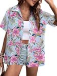 VILOVE Hawaiian Shirts Women Floral Printed Lapel Collar Short Sleeves V Neck Buttons Down Shirt Summer Blouses for Women Pink