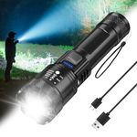 Powerful Led Rechargeable Torch - Portable Waterproof Torches Led Super Bright, Adjustable Focus Flashlight Tactical Torch with 3 Modes for Hiking Dog Walking Camping Hiking Fishing Emergency