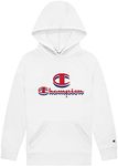 Champion Girls Hoodie for Kids Pullover Sweatshirt for Girls Athletic Sweater, Medium, White/Drop Shadow Red Script, Medium