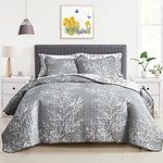 3 Piece Reversible Gray Branch Quilt Set Queen Size with White and Yellow Flower Branch 88x88 Soft Microfiber Lightweight Coverlet Bedspread Summer Bedding Set Bed Cover for All Season (1 Quilt+ 2 Shams)